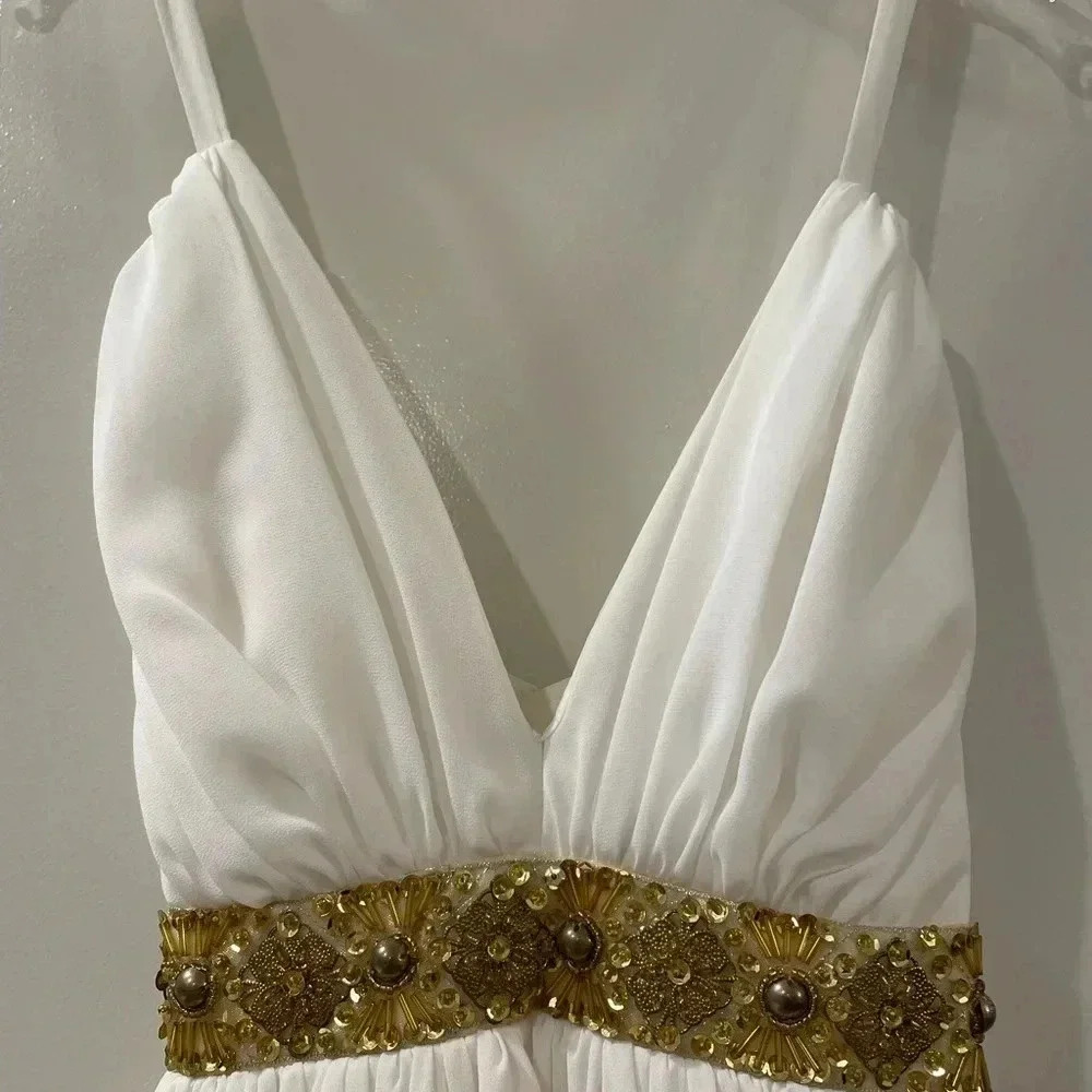 White Empire-Waist Wedding Dress with Gold Embellished Waistband - Picture 2 of 8